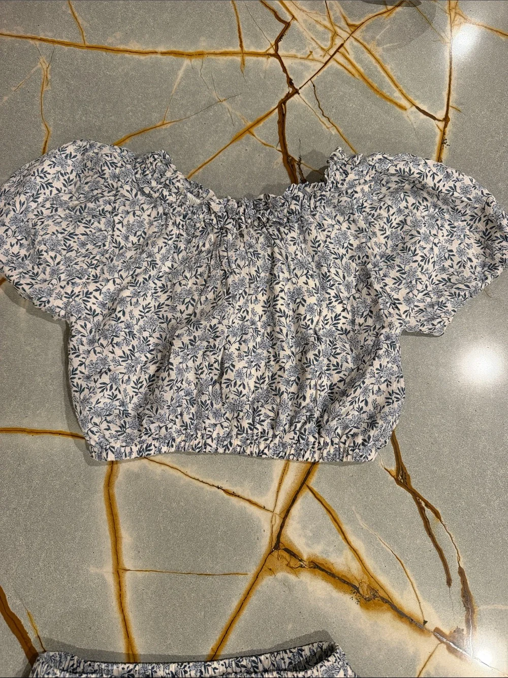 Two-Piece Floral Crop Top & Skirt Set - Blue & White